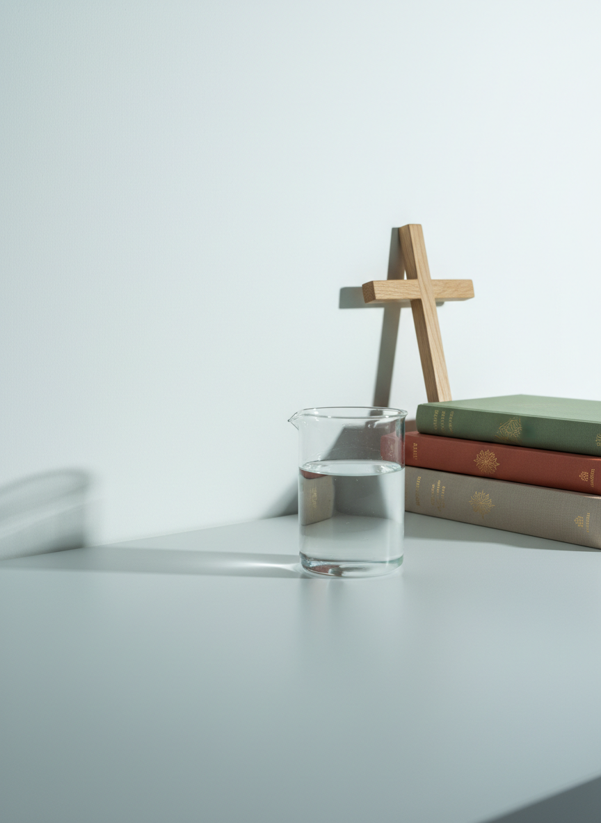 A pristine laboratory bench made of matte white material holds a single, crystal-clear glass beaker half-filled with water, its surface perfectly still. Behind it stands a simple wooden cross, carved with fine grain, leaning against a stack of elegantly designed hardcover books with muted, earth-toned dust jackets. Cool daylight streams through an unseen high window, creating soft, directional lighting that casts a sharp silhouette of the cross onto the white wall and introduces subtle highlights on the beaker’s rim. Shot in photographic realism from a low, slightly off-center angle with ample negative space, the image feels serene, thoughtful, and sophisticated, symbolizing the dialogue between empirical observation and spiritual reflection.