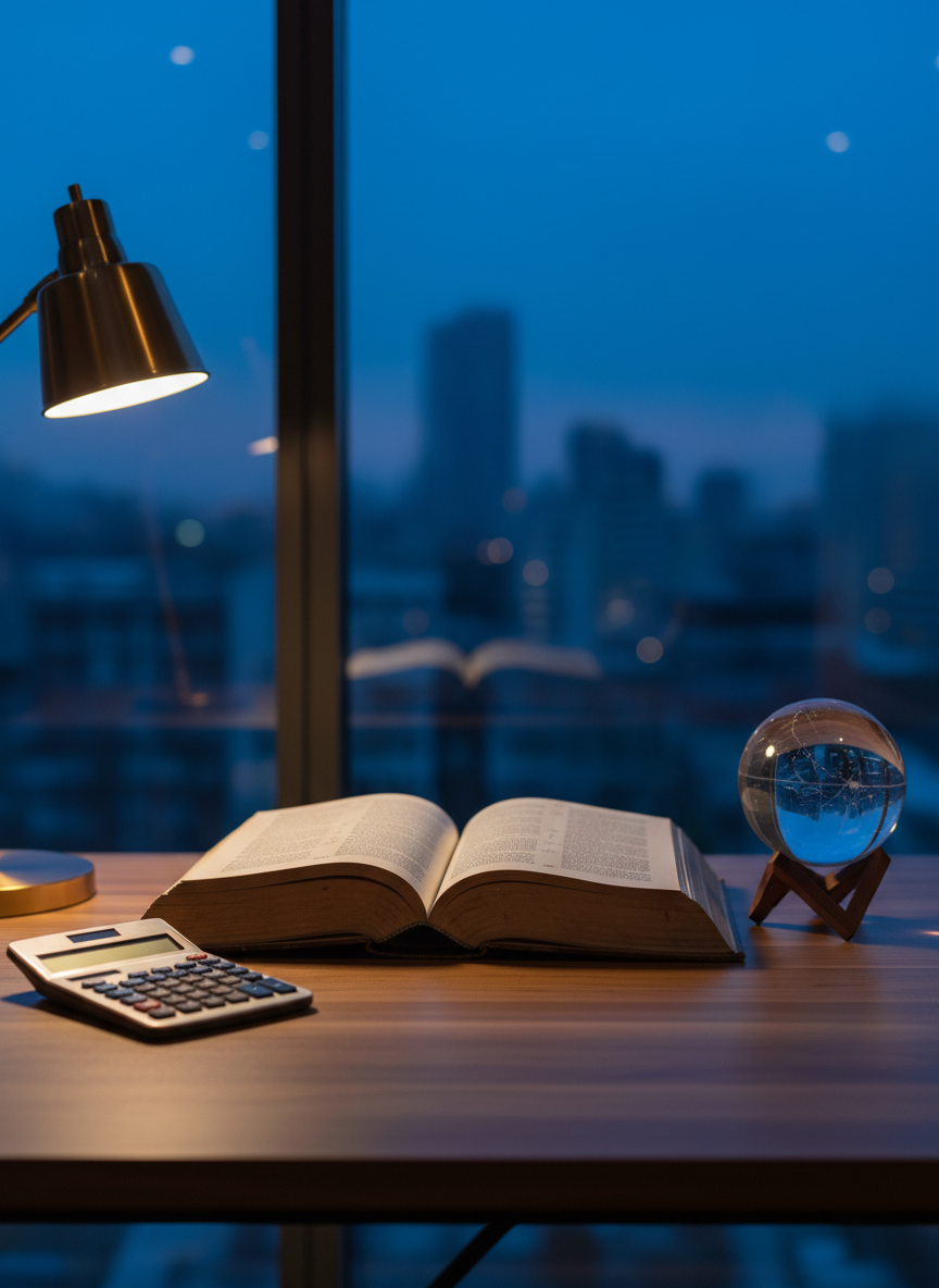 A meticulously arranged wooden desk hosts an open hardcover book with creamy pages filled with dense text, its spine slightly curved from frequent use. Beside it rests a sleek brushed-metal scientific calculator and a transparent glass sphere etched faintly with star constellations. The desk stands near a large window overlooking a blurred city skyline at dusk. Cool blue twilight seeps in, mingling with the warm pool of a brass desk lamp, casting gentle cross-shadows on the pages. Photographic realism with a clean, modern aesthetic, shot at eye level with a shallow depth of field, creates a contemplative, sophisticated atmosphere at the crossroads of science and faith in written form.