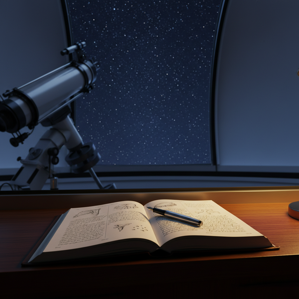 A close-up, photographic-realistic view of a deep blue night sky captured through a large observatory dome opening, with a complex telescope just visible at the frame’s edge in soft focus. In the foreground, resting on a smooth, dark wooden sill, lies an open, leather-bound journal filled with precise handwritten reflections and small, careful sketches of constellations. A slim silver pen rests diagonally across the pages. A single warm desk lamp, out of frame, casts a golden pool of light on the journal, contrasting with the cool starlight beyond. Shot from a low angle with shallow depth of field, the composition evokes quiet wonder, intellectual rigor, and reverent contemplation at the intersection of cosmology and faith.