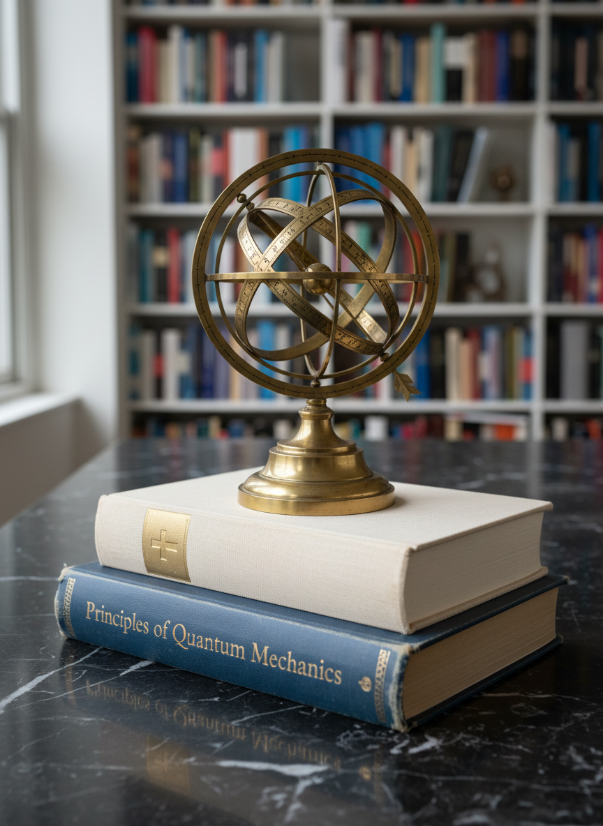 A polished black marble tabletop supports a delicately stacked arrangement: at the base, a thick physics textbook with worn corners; above it, a linen-bound volume embossed with a subtle gold cross; crowning them both, a finely detailed brass armillary sphere with intersecting rings. In the background, floor-to-ceiling bookshelves recede into a soft blur, filled with books of varying colors and sizes. Soft overcast daylight filters through a nearby unseen window, creating a diffuse, even illumination with gentle reflections on the marble. Photographic realism, captured from a slightly elevated angle using rule-of-thirds composition, evokes a quiet, intellectual mood that honorably unites scientific inquiry, contemplative faith, and literature.