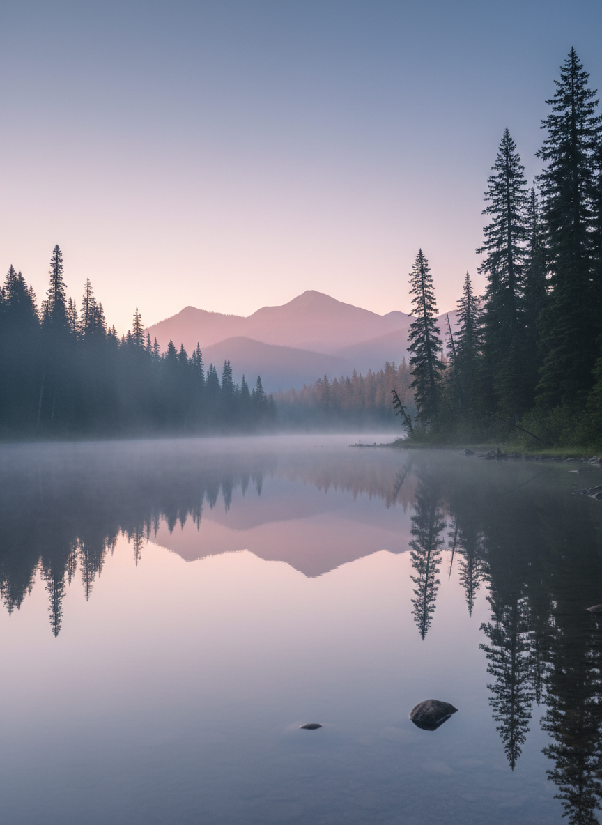 Calm, peaceful nature scene featuring distant mountains reflected in a still forest lake at dawn, soft pastel light and mist, contemplative mood to match long-form reflections on science and faith