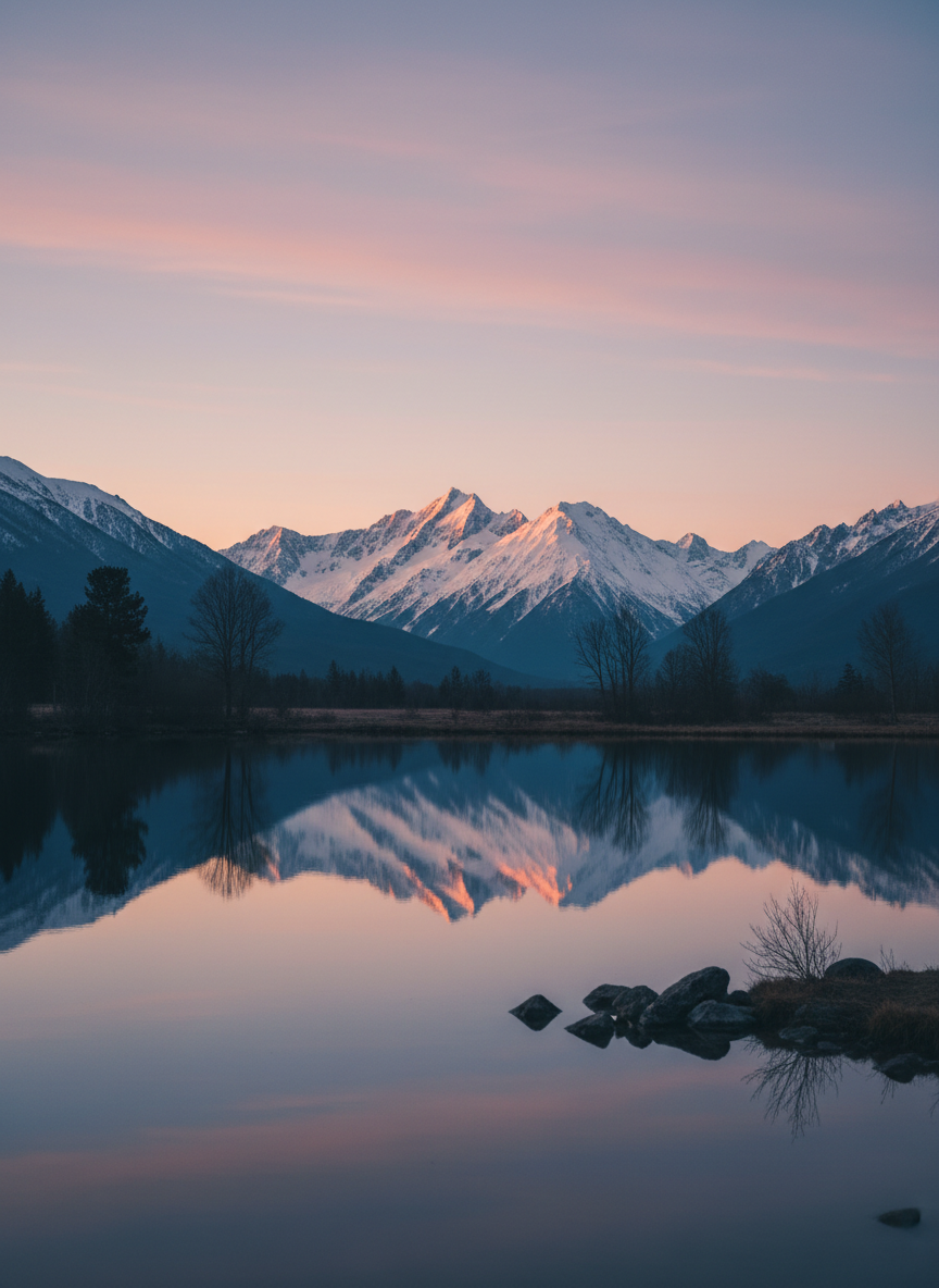 Serene lakeside mountain scene at dusk with still water reflecting a soft pastel sky and snow-capped peaks, cool muted blues and gentle warm highlights, tranquil and introspective atmosphere