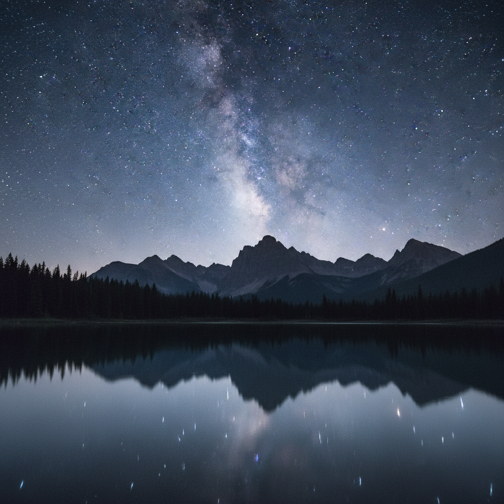 Calm, minimalist night lake beneath a starry mountain sky, faint Milky Way and soft moonlight reflected in the water, distant dark treeline and peaks, cool muted blues and violets, quiet contemplative mood