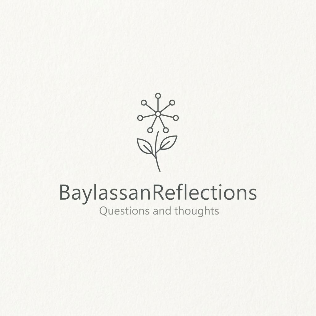 A clean, modern logo for ‘BaylassanReflections’ featuring a minimal elderflower branch or blossom as the main icon, with the name ‘BaylassanReflections’ in a contemporary sans-serif or light serif type, and the subtitle ‘Questions and thoughts’ integrated subtly below. Calm, reflective, literary-scientific feel, plenty of white space, suitable as a website logo on light background.