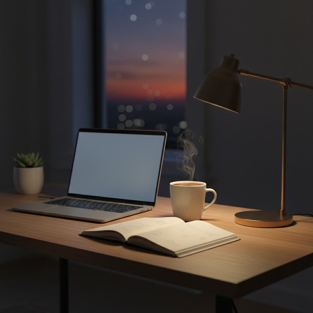 Calm, minimal study desk with a steaming coffee mug, an open notebook, and a slim laptop, soft warm desk lamp light in an otherwise dim room, peaceful evening study atmosphere, photographic realism
