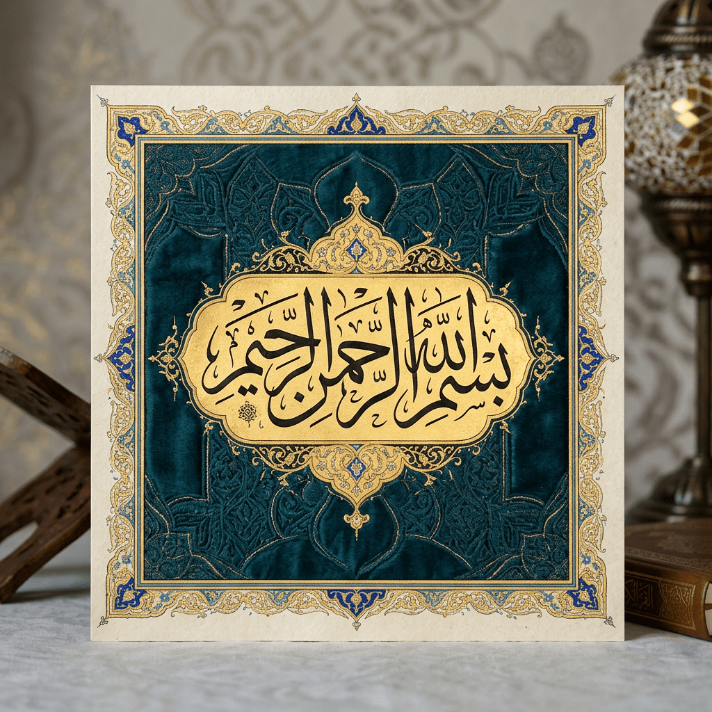Arabic calligraphy of Bismillah in an ornate gold and blue decorative frame