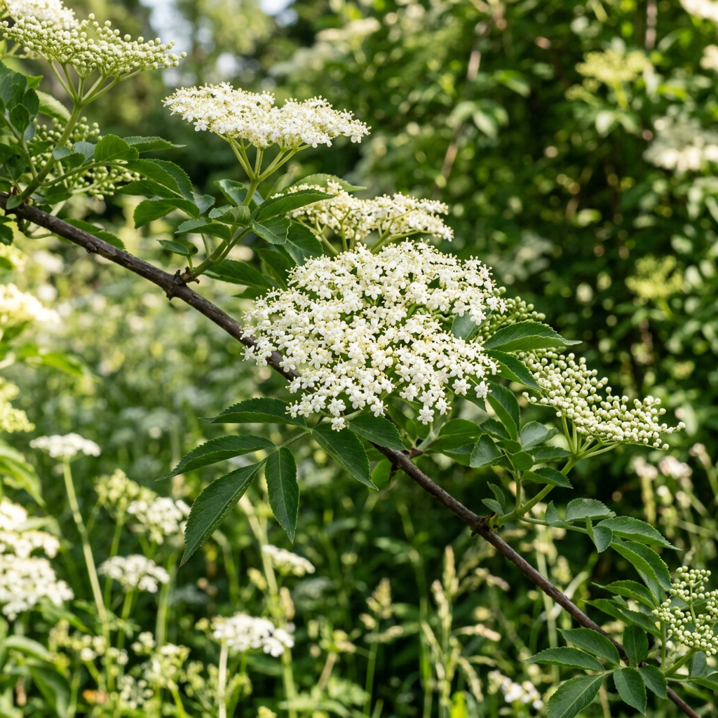White elderflower blossoms on a green leafy branch in a natural outdoor setting