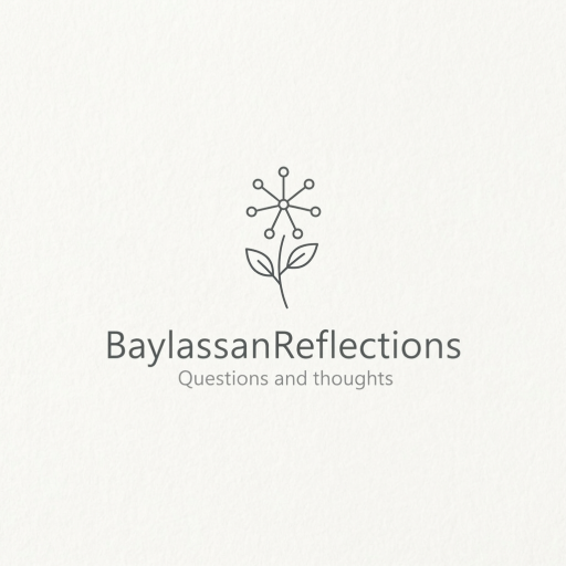 A clean, modern logo for ‘BaylassanReflections’ featuring a minimal elderflower branch or blossom as the main icon, with the name ‘BaylassanReflections’ in a contemporary sans-serif or light serif type, and the subtitle ‘Questions and thoughts’ integrated subtly below. Calm, reflective, literary-scientific feel, plenty of white space, suitable as a website logo on light background.